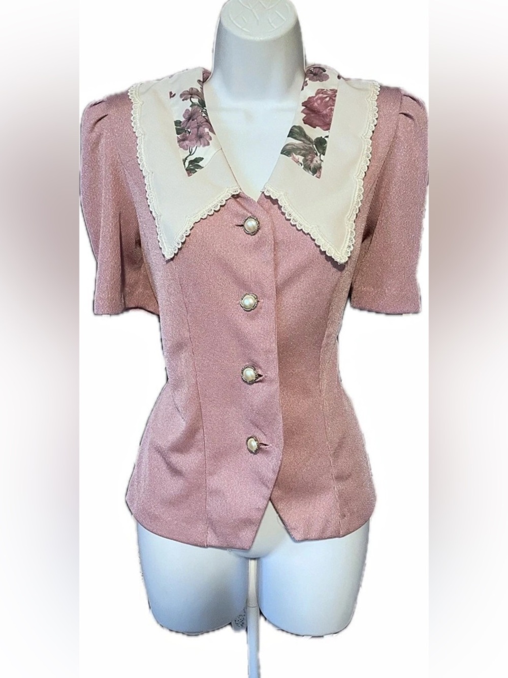 Vintage Cottagecore Mauvy-Pink Short Puff Sleeve Blouse with Oversized Collar